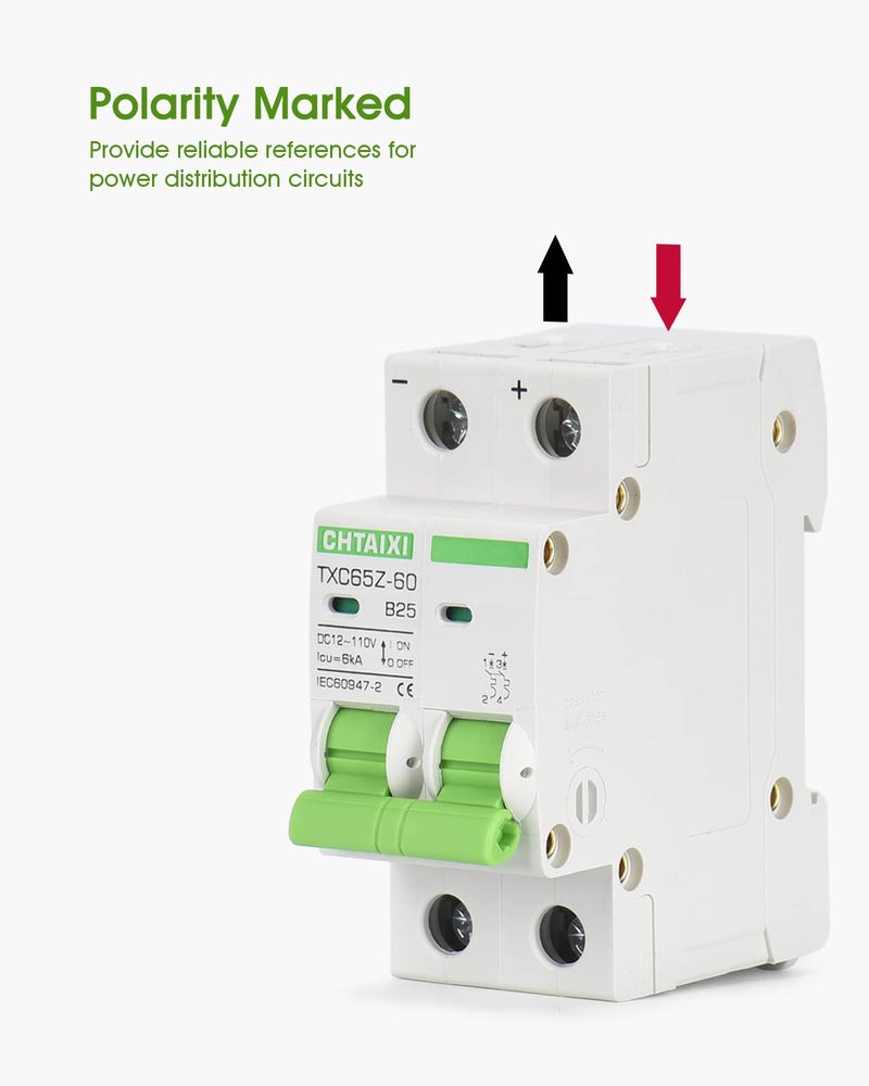 CHTAIXI 12V-110V DC Miniature Circuit Breaker, 25 Amp 2 Pole Battery Breaker Protector for Solar PV System and RV, Thermal Magnetic Trip, DIN Rail Mount, DC Disconnect Switch B25 - Image 5